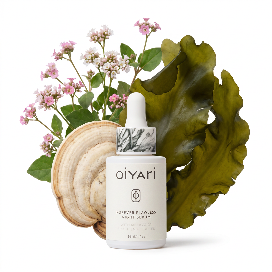 Oiyari serum bottle with natural elements on a white background